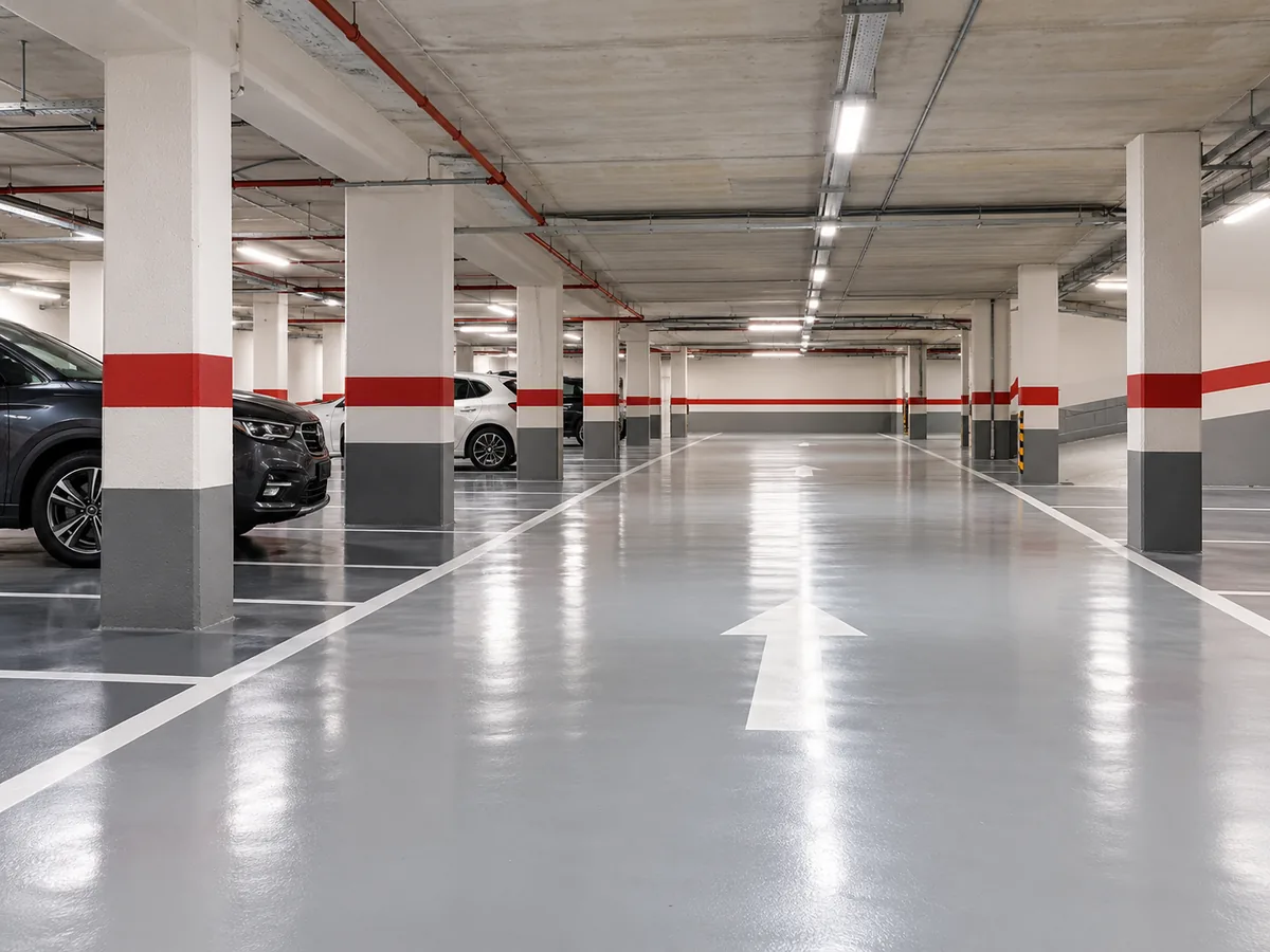 Parking renovado con paredes, columnas y techo pintados en Barcelona