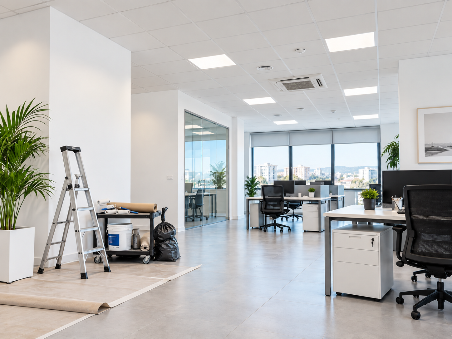 Oficina moderna preparada para trabajos de pintura en Barcelona