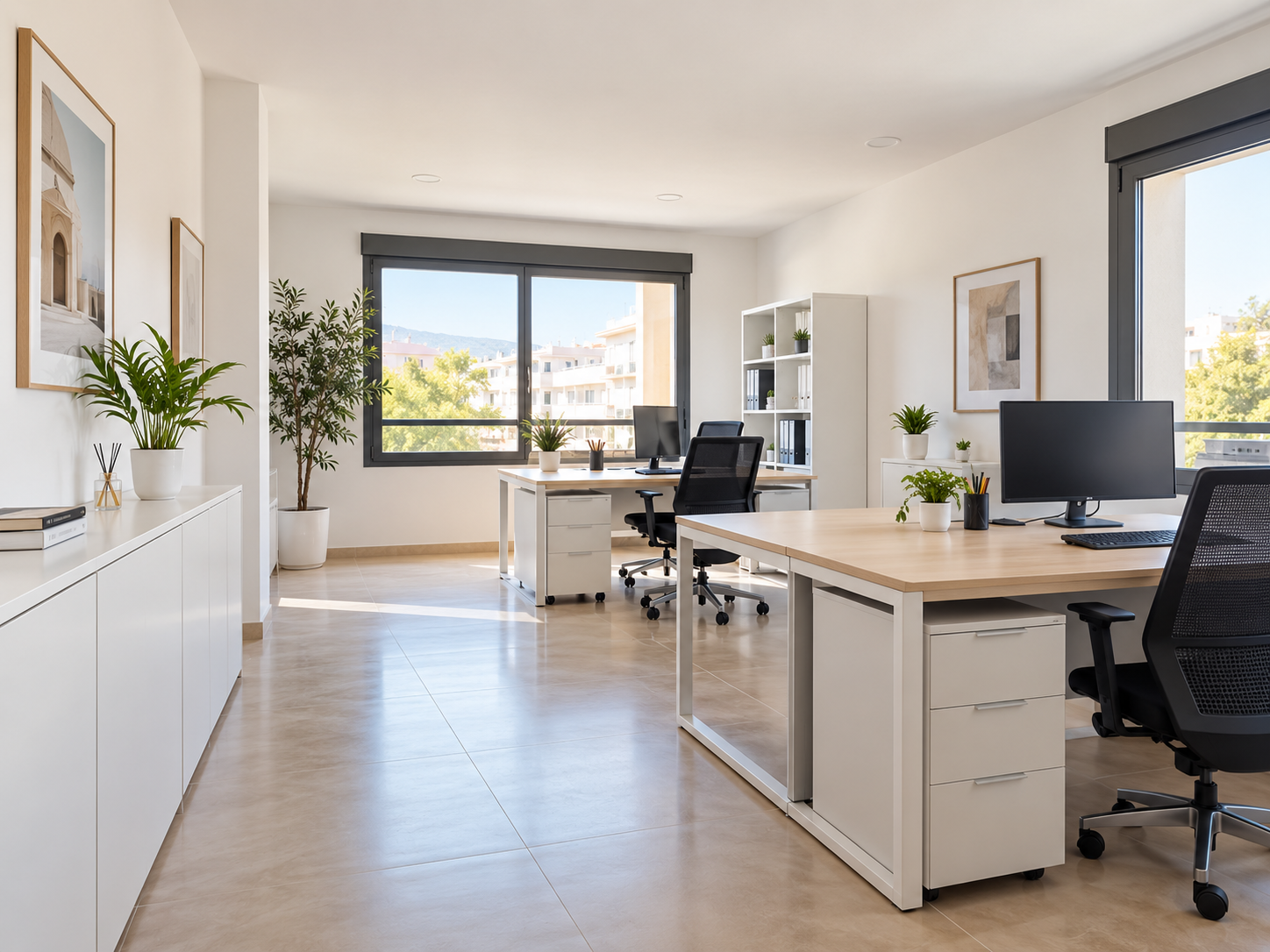 Oficina luminosa con un resultado limpio y ordenado después de pintar