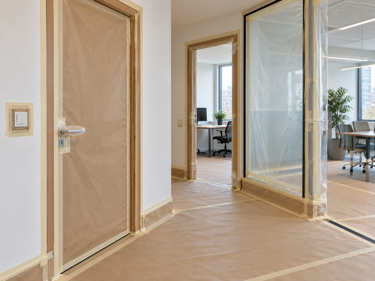 Puertas y cristales protegidos antes de pintar un pasillo de oficina